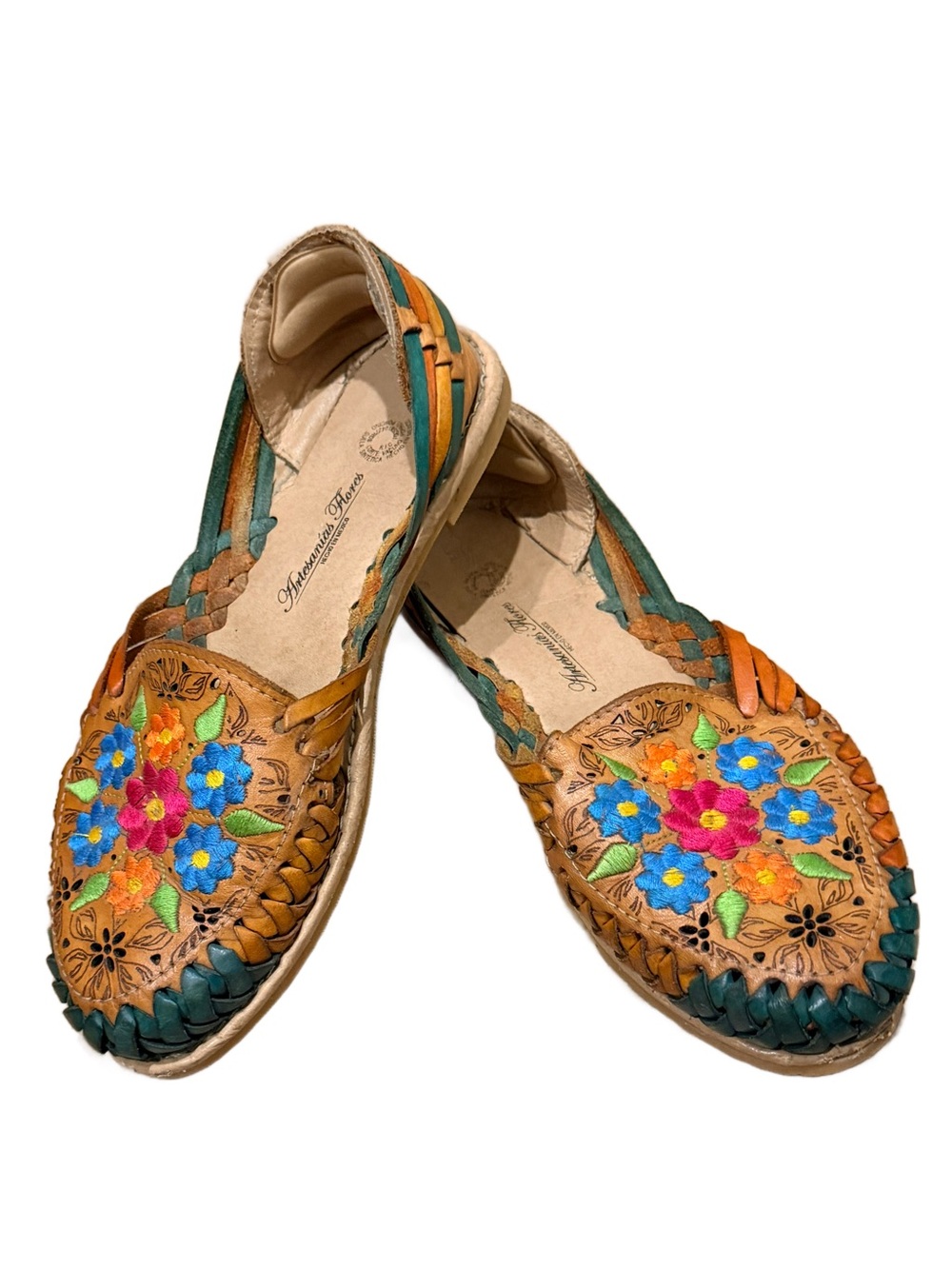 Artesanías Flores Huaraches Floral Embroidered Hand Tooled Leather Sandals sz 8